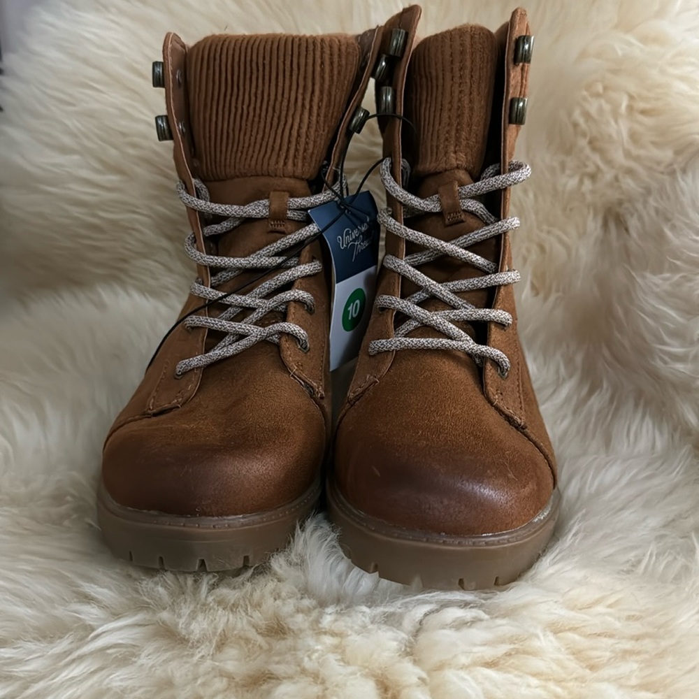 🆕NWT Universal Thread Faux Suede Cognac Knit top Tie-Up/Eyelet BootsSZ 10